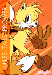 Size: 2100x3000 | Tagged: safe, artist:galaxy-pop, miles "tails" prower, fox, abstract background, bandana, brown gloves, brown shoes, brown tipped ears, looking at viewer, looking back, male, one fang, poster, redesign, signature, solo, v sign, wink