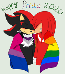 Size: 1500x1700 | Tagged: safe, artist:fire-for-battle, knuckles the echidna, shadow the hedgehog, echidna, hedgehog, bandana, bisexual pride, blushing, clenched teeth, demisexual pride, duo, eyes closed, gay, gay pride, grey background, knuxadow, male, males only, pride, shipping, simple background, smile