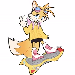 Size: 3534x3534 | Tagged: safe, artist:angrylegs22, miles "tails" prower, fox, backpack, badge, clenched teeth, extreme gear, goggles, jumper, lidded eyes, looking at viewer, pink shoes, redesign, shorts, signature, simple background, solo, v sign, white background