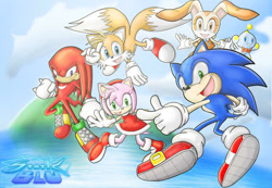 Size: 900x622 | Tagged: safe, artist:staticblu, amy rose, cheese (chao), cream the rabbit, knuckles the echidna, miles "tails" prower, sonic the hedgehog, chao, echidna, fox, hedgehog, rabbit, agender, child, clenched fist, clouds, female, flying, group, looking at viewer, looking back, male, mouth open, neutral chao, ocean, pointing, sonic advance