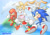 Size: 900x622 | Tagged: safe, artist:staticblu, amy rose, cheese (chao), cream the rabbit, knuckles the echidna, miles "tails" prower, sonic the hedgehog, chao, echidna, fox, hedgehog, rabbit, agender, child, clenched fist, clouds, female, flying, group, looking at viewer, looking back, male, mouth open, neutral chao, ocean, pointing, sonic advance