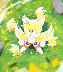 Size: 1280x1481 | Tagged: safe, artist:nerkin, flicky, miles "tails" prower, super tails, bird, fox, ambiguous gender, classic tails, clenched fists, flying, grass, group, looking up, male, smile, solo focus, standing, super form, sweatdrop