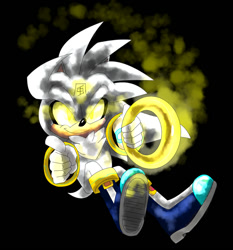 Size: 1024x1098 | Tagged: safe, artist:chaosyrups, silver the hedgehog, hedgehog, au:spirits of the three rings, black background, boots, flying, gloves, glowing eyes, holding something, looking at viewer, male, pointing, ring, simple background, smile, solo