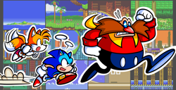 Size: 1024x524 | Tagged: safe, artist:jamesthereggie, miles "tails" prower, robotnik, sonic the hedgehog, fox, hedgehog, human, aquatic ruin zone, casino night zone, death egg zone, metropolis zone, oil ocean zone, sky chase zone, sonic the hedgehog 2, wing fortress zone, chasing, chemical plant, classic robotnik, classic sonic, classic style, classic tails, clenched fists, clenched teeth, dust clouds, emerald hill, flying, male, males only, mouth open, running, spinning tails, trio