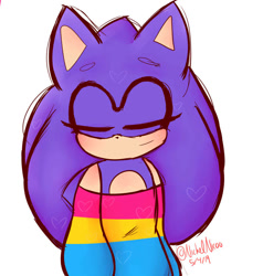 Size: 872x916 | Tagged: safe, artist:nickelnicoo, sonic the hedgehog, hedgehog, bardot top, blushing, eyes closed, hearts, male, pansexual pride, pride, signature, simple background, smile, solo, standing, white background