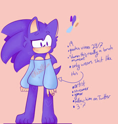 Size: 1280x1344 | Tagged: safe, artist:nickelnicoo, sonic the hedgehog, hedgehog, aged up, alternate universe, bardot top, blushing, clenched fist, colours, looking offscreen, male, pink background, raised eyebrow, redesign, simple background, smile, solo, standing