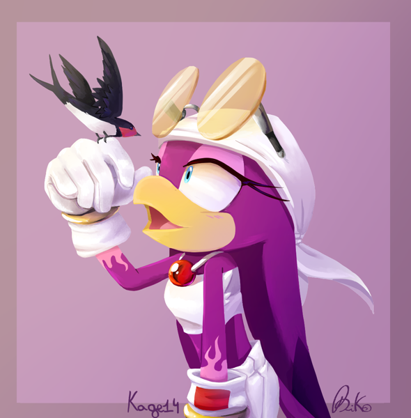 Size: 1082x1100 | Tagged: safe, artist:biko97, artist:kagequattordici, wave the swallow, bird, swallow, abstract background, duo, featured image, lineless, literal animal, looking at something, looking up, mouth open, no outlines, purple background, signature, sunglasses