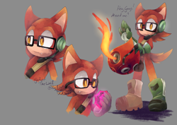 Size: 4093x2894 | Tagged: safe, artist:cylikaart, gadget the wolf, wolf, belt, english text, fire, glasses, grey background, holding something, looking at something, looking at viewer, looking offscreen, one fang, phantom ruby, signature, simple background, solo, standing, wispon