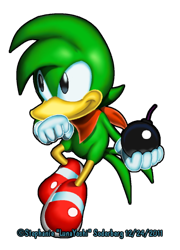 Size: 400x556 | Tagged: safe, artist:lululunabuna, bean the dynamite, bird, bandana, bomb, classic style, clenched fist, faux 3d, gloves, holding something, looking offscreen, shoes, simple background, smile, solo, transparent background