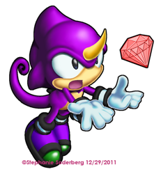 Size: 400x432 | Tagged: safe, artist:lululunabuna, espio the chameleon, chameleon, chaos emerald, classic espio, classic style, faux 3d, gloves, looking up, mouth open, shoes, simple background, solo, transparent background