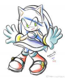 Size: 1545x1849 | Tagged: safe, artist:k3llywolfarts, sonic the hedgehog, oc, oc:kelly the hedgehog, hedgehog, arms out, boots, dress, gender swap, gloves, hair over one eye, looking offscreen, mouth open, personality swap, simple background, socks, solo, white background