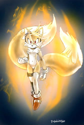 Size: 1024x1523 | Tagged: safe, artist:twisted-wind, miles "tails" prower, super tails, fox, abstract background, clenched fist, fanfiction art, featureless breasts, featureless crotch, flying, frown, gender swap, gloves, goggles, heels, long socks, mid-air, red eyes, signature, socks, solo, super form, twisted tails