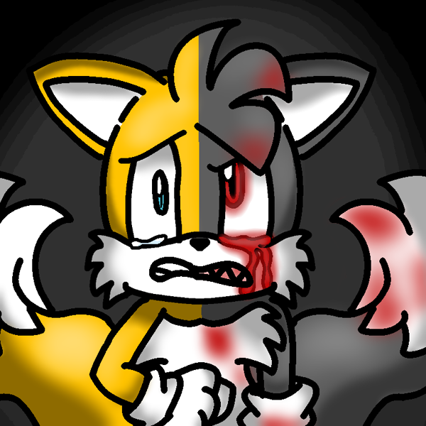 8213 - semi-grimdark, artist:evilmoka, miles tails prower, oc, oc:tails. exe, black sclera, bleeding from eyes, blood, friday night funkin, glowing  eyes, grey background, looking at viewer, no mouth, red eyes, simple  background, solo 