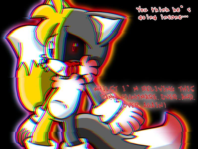 8213 - semi-grimdark, artist:evilmoka, miles tails prower, oc, oc:tails. exe, black sclera, bleeding from eyes, blood, friday night funkin, glowing  eyes, grey background, looking at viewer, no mouth, red eyes, simple  background, solo 