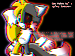 Size: 1024x768 | Tagged: semi-grimdark, artist:datoneuwuwaffle, miles "tails" prower, oc, oc:tails.exe, fox, black background, black sclera, bleeding from eyes, blood, blood stain, clenched fist, dialogue, every tail has two sides, evil vs good, glitch, gloves, looking at viewer, red eyes, simple background, smile, socks, solo, standing, two sides
