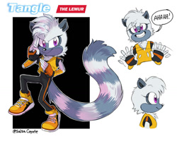 Size: 1024x821 | Tagged: safe, artist:salsacoyote, tangle the lemur, lemur, abstract background, clenched teeth, dialogue, looking at viewer, looking offscreen, movie style, smile, solo, speech bubble, standing on one leg, waving