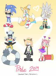 Size: 1024x1377 | Tagged: safe, artist:salsacoyote, amy rose, miles "tails" prower, silver the hedgehog, sonic the hedgehog, tangle the lemur, whisper the wolf, fox, hedgehog, lemur, wolf, abstract background, aromantic pride, asexual pride, bisexual pride, bracelet, cape, double v sign, gay pride, gradient background, group, headband, heart, long socks, necklace, pansexual pride, piko piko hammer, pride, trans male, trans pride, transgender, tshirt