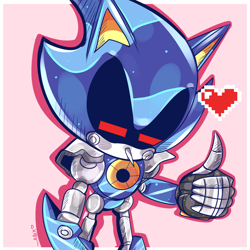 Size: 1200x1200 | Tagged: safe, artist:piink-rose, metal sonic, abstract background, black sclera, eyes closed, heart, red eyes, robot, signature, solo, standing, thumbs up