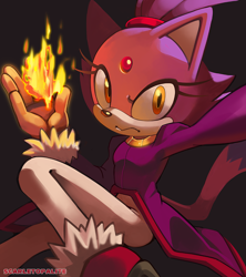 Size: 900x1013 | Tagged: safe, artist:scarletopalite, blaze the cat, cat, flame, frown, grey background, looking at viewer, painted artwork, simple background, solo