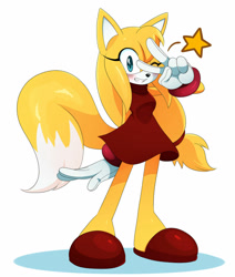 Size: 1024x1210 | Tagged: safe, artist:ss2sonic, zooey the fox, fox, blushing, clenched teeth, dress, gloves, looking at viewer, simple background, slippers, smile, solo, standing, star (symbol), v sign, white background, wink