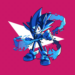 Size: 3000x3000 | Tagged: safe, artist:aryelsereio, sonic the hedgehog, hedgehog, abstract background, cosplay, digital static, mega man (series), solo, standing