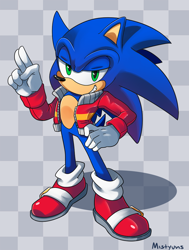 Size: 800x1056 | Tagged: safe, artist:scarletopalite, sonic the hedgehog, hedgehog, checkered background, clenched teeth, gloves, hand on hip, jacket, lidded eyes, looking at viewer, shoes, smile, socks, solo, standing