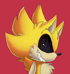 Size: 1280x1352 | Tagged: safe, artist:interstellarchaosss, sonic the hedgehog, hedgehog, black sclera, chest fluff, evil grin, fleetway super sonic, fluffy, looking at viewer, red background, simple background, smile, solo, super form