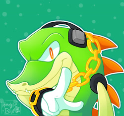 Size: 1280x1198 | Tagged: safe, artist:hedgieblur, vector the crocodile, crocodile, abstract background, featured image, gloves, headphones, looking at viewer, necklace, signature, smile, solo