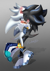 Size: 1257x1800 | Tagged: safe, artist:merdiia, mephiles the dark, silver the hedgehog, hedgehog, blushing, blushing ears, boots, duo, eyes closed, gay, gloves, grey background, hand on arm, holding each other, mephilver, nuzzle, shipping, shoes, signature, simple background