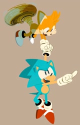 Size: 988x1548 | Tagged: safe, artist:justanimaniac, miles "tails" prower, sonic the hedgehog, fox, hedgehog, sonic the hedgehog 2 (2022), brown background, carrying them, classic sonic, classic tails, duo, flying, holding hands, mouth open, pointing, simple background, smile, spinning tails