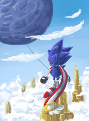 Size: 1273x1732 | Tagged: safe, artist:akaki228777, sonic the hedgehog, hedgehog, au:sonic skyline, clenched fists, clouds, daytime, death egg, featured image, from behind, outdoors, ring, scarf, solo, standing