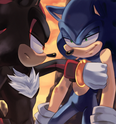 Size: 1166x1244 | Tagged: safe, artist:beadichnoa, shadow the hedgehog, sonic the hedgehog, hedgehog, duo, frown, gay, gloves, hand on chest, lidded eyes, looking at each other, shadow x sonic, shipping, smile, sunset, tension