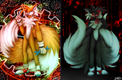 Size: 1560x1024 | Tagged: semi-grimdark, artist:funsydarkling, miles "tails" prower, oc, oc:tails.exe, fox, black sclera, bleeding from eyes, blood, blood stain, duo, fangs, gloves, lidded eyes, lineless, no outlines, red eyes, shoes, signature, socks, spanner, standing, tongue out, two sides, v sign, wink