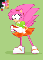 Size: 5000x7000 | Tagged: safe, artist:upbeatundead, amy rose, hedgehog, sonic mania adventures, amy's classic dress, blushing, classic amy, flag, gloves, green background, headband, lesbian pride, looking at something, pride, redraw, shoes, simple background, smile, solo, standing