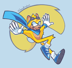 Size: 1720x1616 | Tagged: safe, artist:straybird25, ray the flying squirrel, flying squirrel, arms out, blue background, gloves, goggles, looking offscreen, mid-air, mouth open, scarf, shoes, signature, simple background, socks, solo