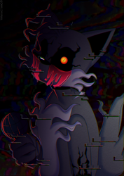 Size: 2893x4092 | Tagged: semi-grimdark, artist:keikootohime, miles "tails" prower, oc, oc:tails.exe, fox, abstract background, black sclera, bleeding from eyes, friday night funkin, glitch, gloves, glowing eyes, holding something, looking at viewer, microphone, orange eyes, solo