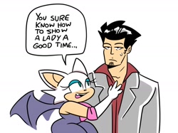 Size: 1776x1326 | Tagged: safe, artist:m1sterryan, rouge the bat, bat, human, crossover, dialogue, duo, english text, kazuma kiryu, looking at them, mouth open, one fang, simple background, smile, speech bubble, white background, yakuza (series)