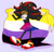 Size: 1280x1238 | Tagged: safe, artist:upbeatundead, shadow the hedgehog, hedgehog, bisexual pride, cape, earring, eyes closed, fangs, gloves, grey background, holding something, lipstick, mouth open, nonbinary, nonbinary pride, shoes, simple background, skirt, solo, standing, standing on one leg