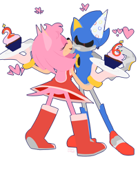 Size: 1280x1600 | Tagged: safe, artist:upbeatundead, metal sonic, hedgehog, amy's halterneck dress, birthday, cupcake, duo, eyes closed, food, happy, robot, simple background, standing, transparent background