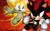 Size: 1920x1200 | Tagged: safe, artist:sonicthehedgehogbg, miles "tails" prower, shadow the hedgehog, fox, hedgehog, 3d, abstract background, arms out, clenched fist, clenched teeth, duo, looking at them, looking at viewer, mouth open, wallpaper