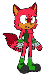 Size: 560x950 | Tagged: safe, artist:jared-the-rabbit, oc, oc:alexander wolf, hybrid, boots, chest fluff, fankid, fluffy, jacket, lemolf, looking offscreen, mouth open, one fang, orange eyes, outline, parent:gadget, parent:tangle, parents:tandget, red fur, simple background, solo, standing, transparent background