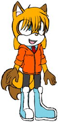 Size: 400x835 | Tagged: safe, artist:jared-the-rabbit, oc, oc:nikolai prower, fox, blue eyes, boots, brown tipped ears, brown tipped tail, eyes clipping through hair, fankid, jacket, long bangs, mouth open, outline, pants, parent:cream, parent:tails, parents:taiream, simple background, solo, standing, tie, transparent background, two tails, yellow fur