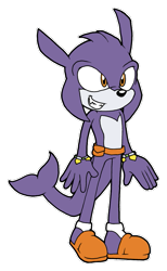 Size: 575x935 | Tagged: safe, artist:jared-the-rabbit, oc, oc:dalbar razorov, belt, clenched teeth, fankid, looking offscreen, magical gay spawn, orange eyes, outline, parent:fang, parent:razor, parents:razang, purple fur, sandals, shark, simple background, smile, solo, standing, transparent background