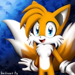 Size: 512x512 | Tagged: dead source, safe, artist:darkheartpie, miles "tails" prower, fox, abstract background, arms out, chest fluff, gloves, lineless, looking at viewer, mouth open, no outlines, signature, solo, standing, tailabetes