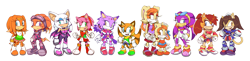 Size: 3050x750 | Tagged: safe, artist:cylent-nite, amy rose, blaze the cat, cream the rabbit, honey the cat, marine the raccoon, rouge the bat, shade the echidna, tiara boobowski, tikal, vanilla the rabbit, wave the swallow, bat, bird, cat, echidna, hedgehog, rabbit, raccoon, swallow, sonic adventure, sonic chronicles, sonic rush adventure, child, female, females only, group, outline, redesign, simple background, sonic riders, sonic the fighters, sonic x-treme, transparent background