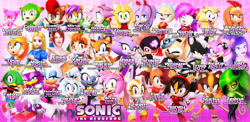 Size: 2880x1405 | Tagged: safe, artist:nibroc-rock, amy rose, blaze the cat, cosmo the seedrian, cream the rabbit, honey the cat, jewel the beetle, lady goat, lah, lumina flowlight, maria robotnik, marine the raccoon, mina mongoose, perci the bandicoot, princess alucion, princess elise, rosy the rascal, rouge the bat, sally acorn, shade the echidna, sonia the hedgehog, sticks the badger, tangle the lemur, tania the hedgehog, tekno the canary, tiara boobowski, tikal, vanilla the rabbit, wave the swallow, whisper the wolf, zeena, zooey the fox, badger, bat, beetle, bird, cat, echidna, fox, goat, hedgehog, human, jackal, lemur, mongoose, rabbit, raccoon, seedrian, squirrel, swallow, wolf, zeti, sonic adventure, sonic adventure 2, sonic cd, sonic chronicles, sonic forces, sonic rush adventure, sonic shuffle, sonic underground, 3d, alien, bandicoot, canary, child, everyone is here, fairy, female, females only, ghost, group, jackal squad, logo, satam, sonic advance 2, sonic adventures, sonic boom (tv), sonic boom: rise of lyric, sonic forces: rise of infinite, sonic lost world, sonic riders, sonic rush, sonic the fighters, sonic the hedgehog (shogakukan), sonic x, sonic x-treme, sonic: night of the werehog, wall of tags