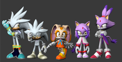 Size: 1768x896 | Tagged: safe, artist:nibroc-rock, blaze the cat, cream the rabbit, silver the hedgehog, cat, hedgehog, rabbit, 3d, child, female, grey background, group, male, redesign, self paradox, simple background, younger