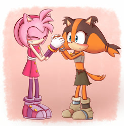 Size: 1024x1044 | Tagged: safe, artist:sonicbiggestfan1, amy rose, sticks the badger, badger, hedgehog, abstract background, blushing, clenched teeth, duo, eyes closed, frown, gloves, holding hands, lesbian, looking at something, shipping, shoes, smile, sonic boom (tv), standing, sticksamy