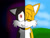 Size: 1024x768 | Tagged: safe, artist:meltheartist, miles "tails" prower, fox, fanfic:dark tails unleashed, clenched teeth, crying, dark form, dark tails, every tail has two sides, evil, evil vs good, eyes closed, fanfiction art, floppy ears, glowing eyes, grass, red eyes, smile, solo, sonic boom (tv), standing, tears, tears of sadness, two sides
