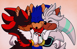 Size: 891x574 | Tagged: safe, artist:erasabledata, shadow the hedgehog, silver the hedgehog, sonic the hedgehog, hedgehog, ear fluff, eyes closed, gay, gloves, gradient background, holding each other, holding hands, neck fluff, polyamory, shipping, smile, sonadilver, standing, trio